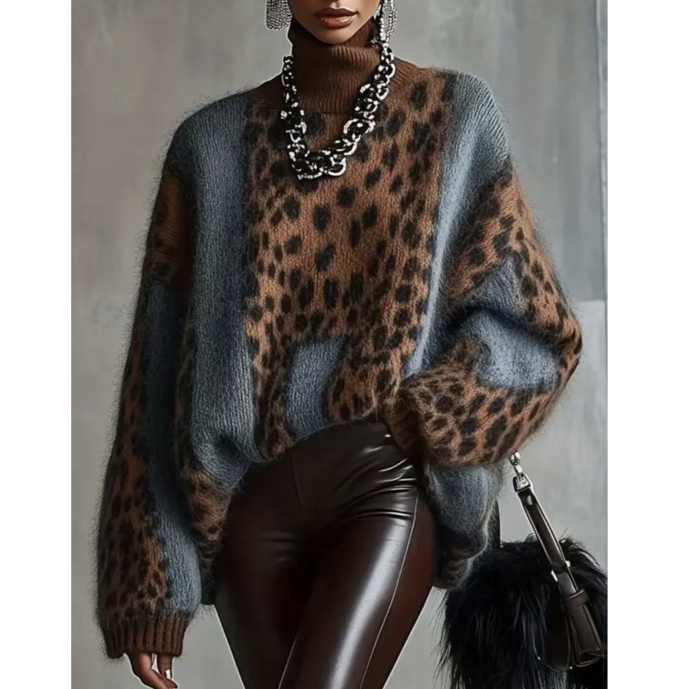 Pull ample rétro à imprimé léopard pour femme, chaud et épais, idéal pour l'automne et l'hiver
