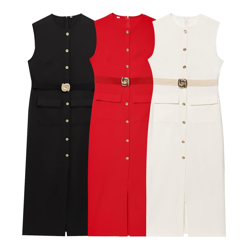 Robe femme noir robes longues printemps été 2025 boutonné sans manches robe d'été robes élégantes décontractées robes pour femmes