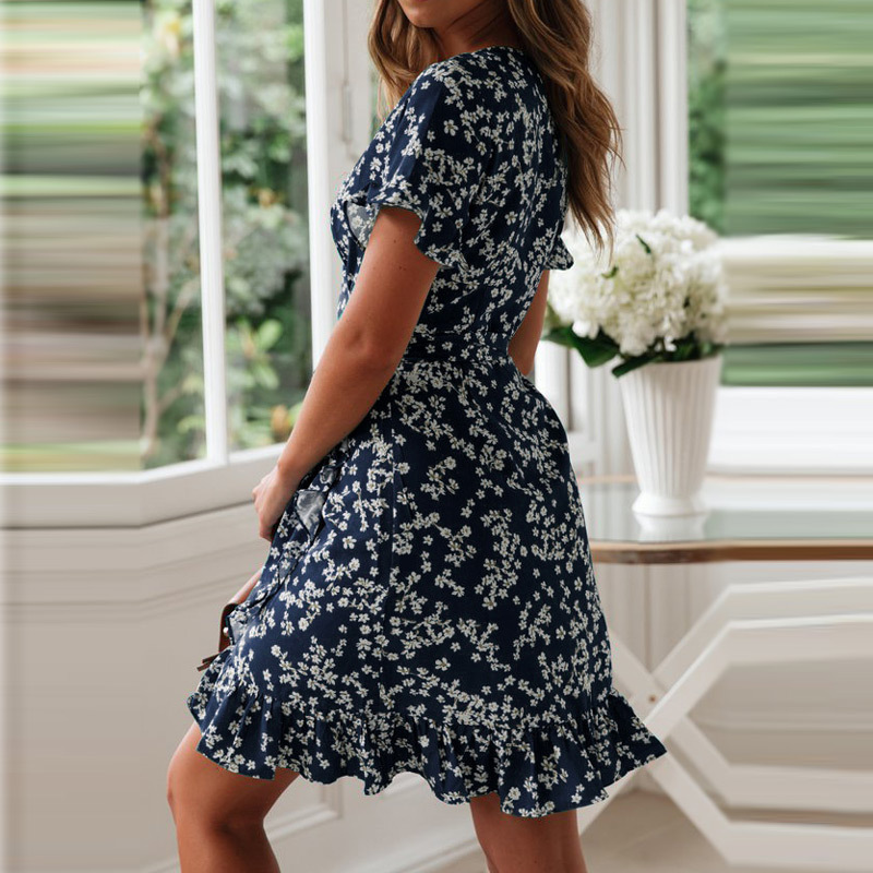 Femmes robes été 2025 Sexy col en V imprimé fleuri Boho Robe de plage à volants manches courtes une ligne Mini Robe portefeuille Robe d'été Robe