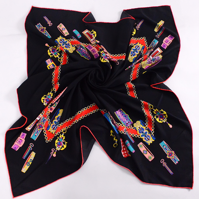 Bysifa-Foulard carré en sergé noir pour femme, châle élégant de haute qualité, 90x90cm, collection printemps-automne