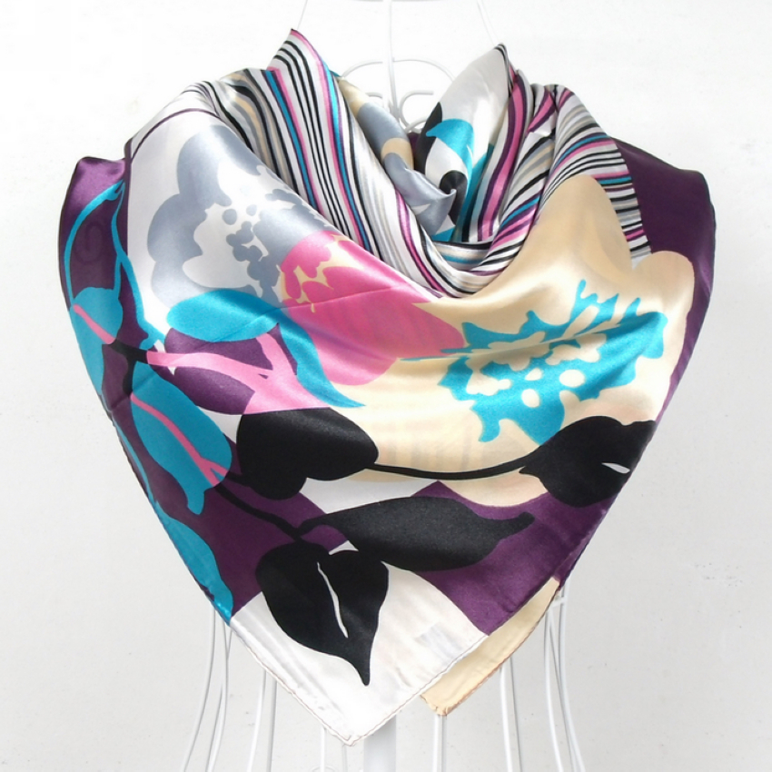 Grand foulard carré en soie imprimé pour femmes, élégant, 90x90cm, mode printemps et automne, châle en soie Polyester gris et violet, 2020