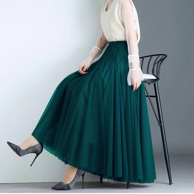 Jupe longue Tutu en maille élastique pour femmes, taille haute, mode coréenne élégante, plissée, blanc, noir, rouge, mi-longue, printemps été, 2026