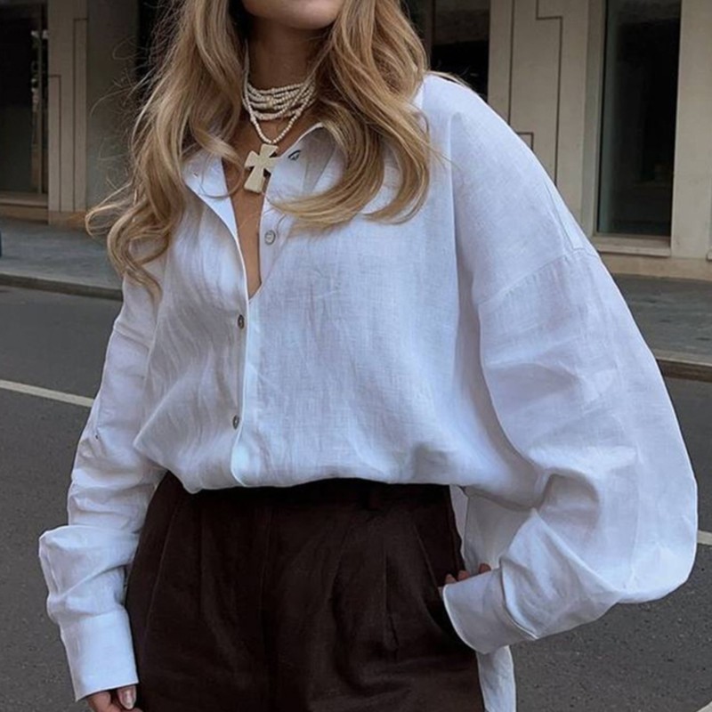 Chemisier d'été pour femme, coupe ample, élégant, à revers, manches longues, style bureau et décontracté, haut uni classique
