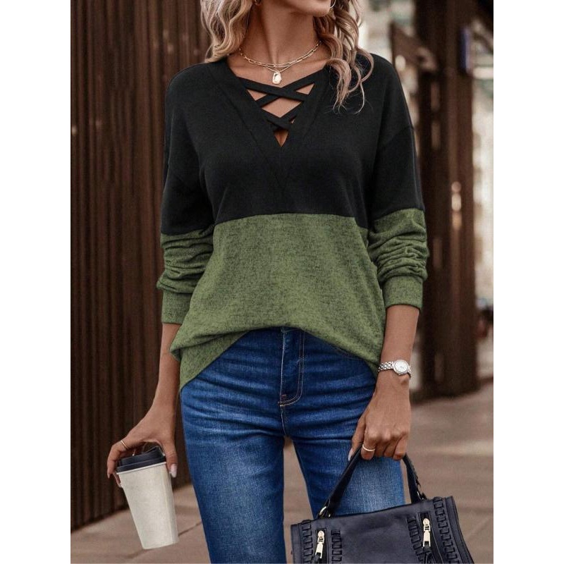 Grande taille 1XL-5XL nouvelle mode femme col asymétrique à la mode et minimaliste Colorblock croix avant goutte épaule haut