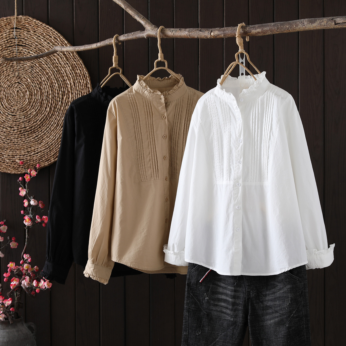Blusas Mujer De Moda col montant Blouse femmes à manches longues coton plissé Blouse chemise haut pour femme femmes Blouses chemises Blusa