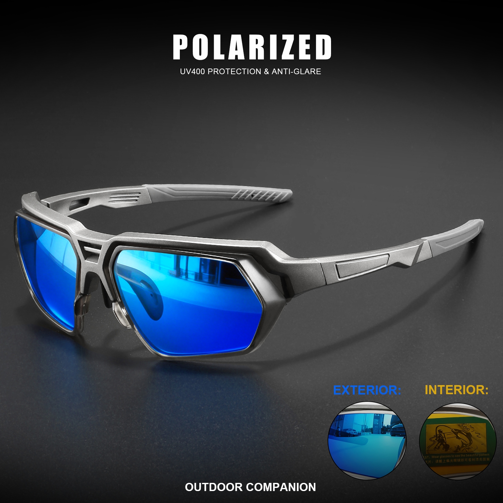 Nouvelles lunettes de soleil polarisées pour hommes - Verres bleus miroir teintés jaunes, plaquettes de nez réglables, protection UV400 pour les jours ensoleillés et nuageux, conduite