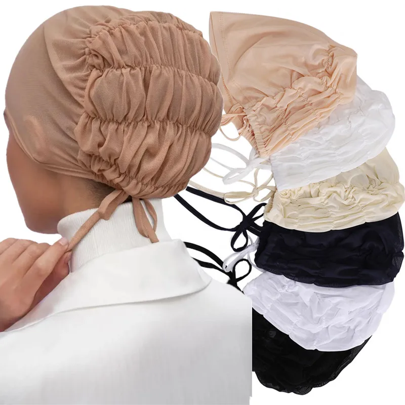 Casquettes Turban de couleur unie pour femmes musulmanes, maille intérieure, Hijab, sous-écharpe extensible islamique, Bonnets, enveloppes de tête, foulards d'été 
 ﻿