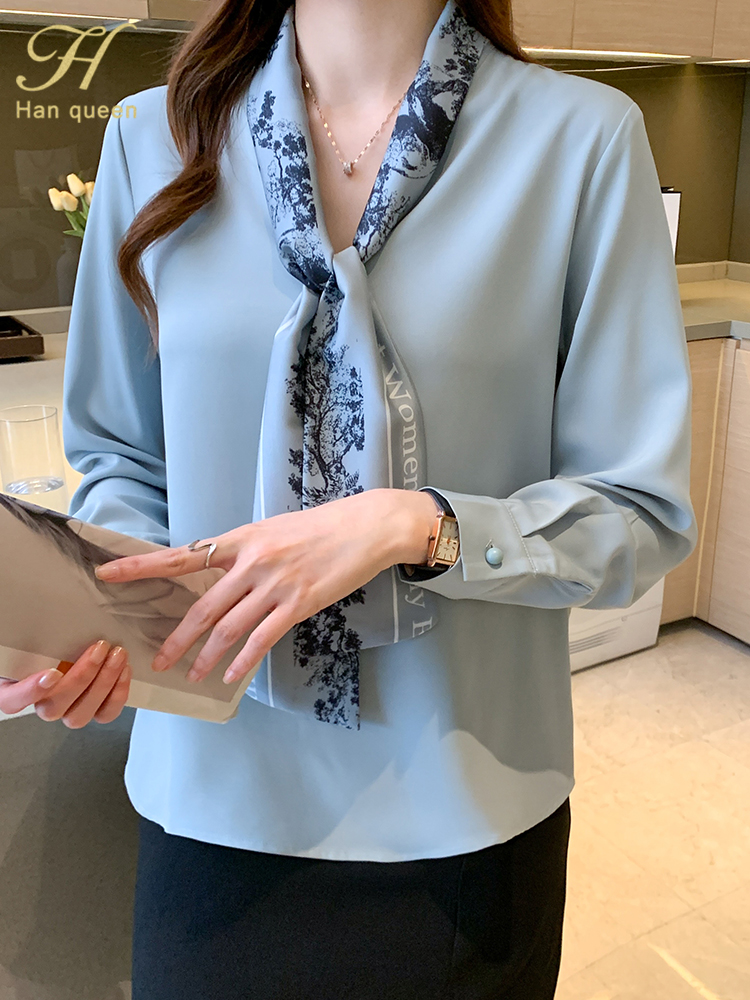 H Han Queen-Chemisier Élégant en Mousseline de Soie pour Femme, Chemise Simple à Manches sulf, Décontracté, pour Bureau, Automne
