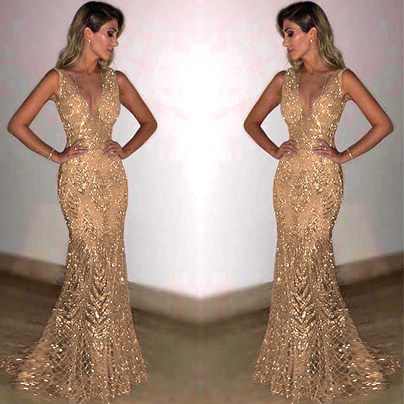 Robe de soirée longue sans manches pour femmes, vêtements féminins, Sexy, décolleté en V profond, paillettes, robes de soirée élégantes, 2025