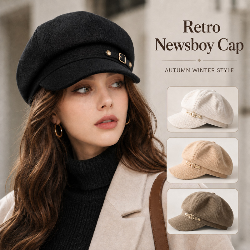 Béret Femme Automne Hiver, Casquette d'Artiste Vintage, Chapeau Newsboy avec Ceinture Décorative, Casquette de Peintre Octogonale Tendance à Visière Courte