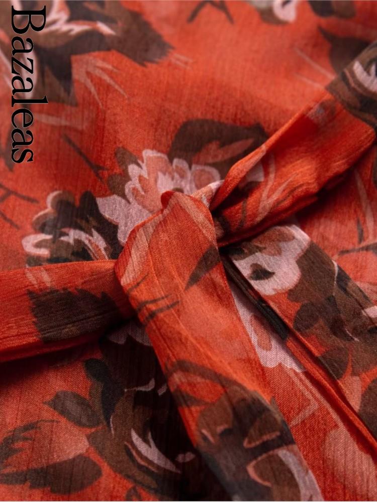 Bazaleas-Robe mi-longue à volants en mousseline de soie pour femmes, manches cape, imprimé floral rouge, vêtements d'été élégants, 2021
