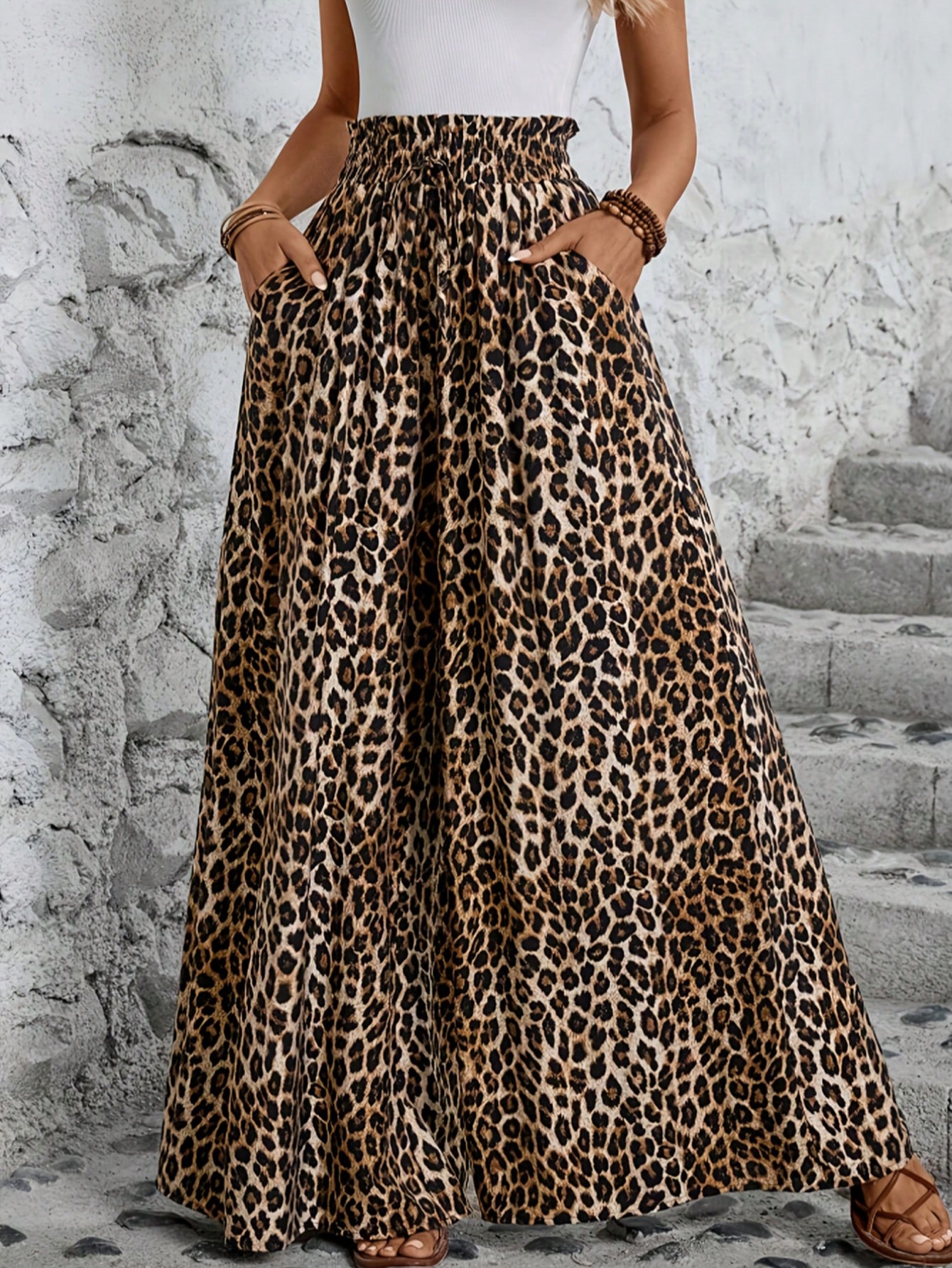 Vêtements pour femmes, style décontracté, adaptés à toutes les saisons, motif léopard, taille haute confortable, taille élastique, pantalon à jambes larges.
