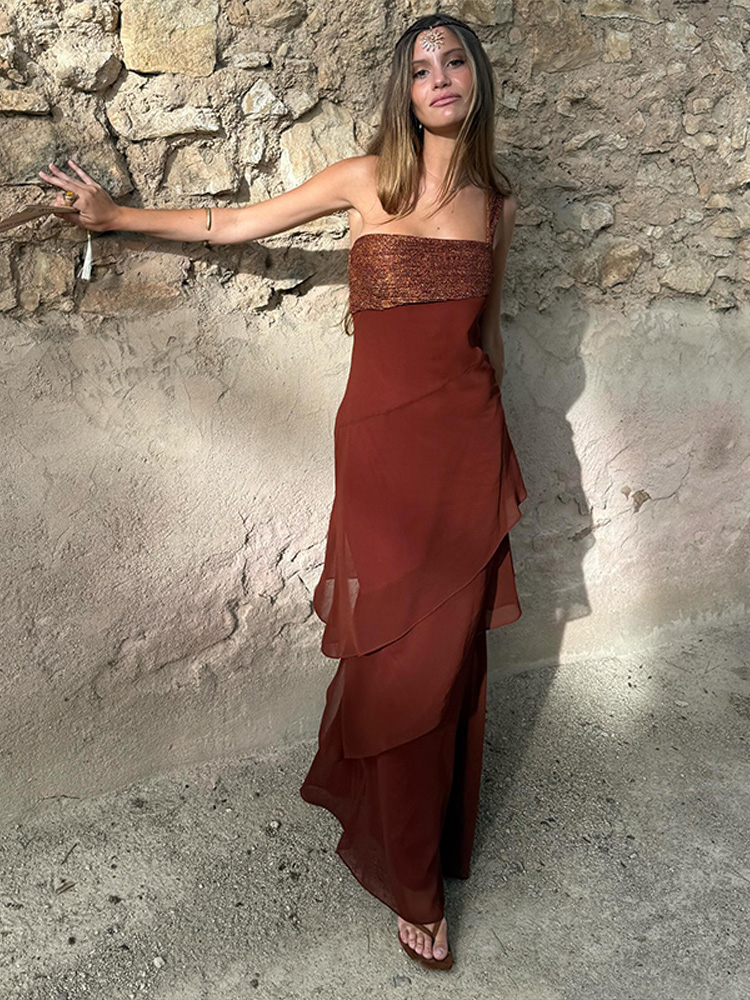 Robe longue élégante patchwork pour femme, sans manches, à col asymétrique et volants en cascade, collection été 2026, chic pour les vacances