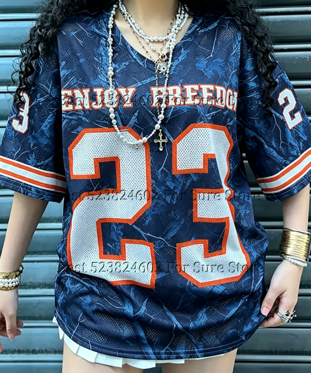 T-shirt à manches courtes pour femme en jersey maille graphique camouflage Realtree vintage 23, style uniforme de baseball décontracté ample hip-hop streetwear