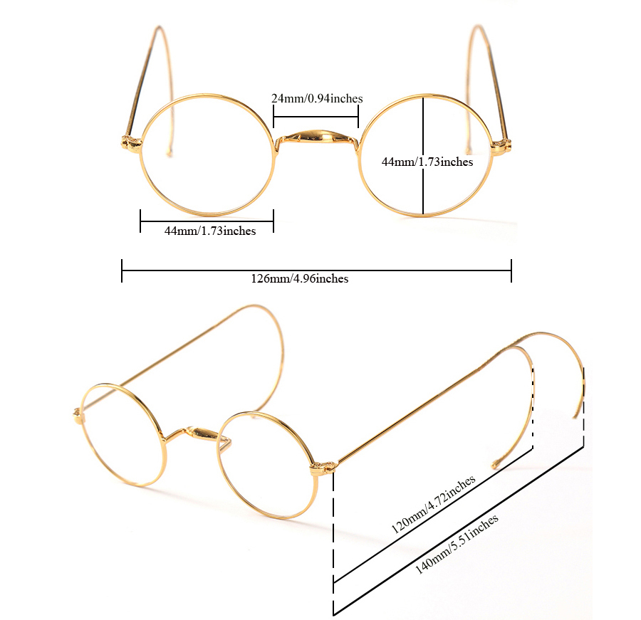 Lunettes rondes vintage de 44 mm avec monture en fil doré sans plaquettes de nez, monture optique avec branches en câble pour un ajustement sécurisé