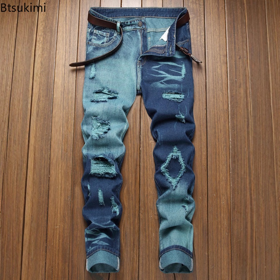 Nouveau jean rétro homme déchiré jambe droite pantalon déchiré jean à la mode pantalons décontractés pantalon homme vêtements de rue