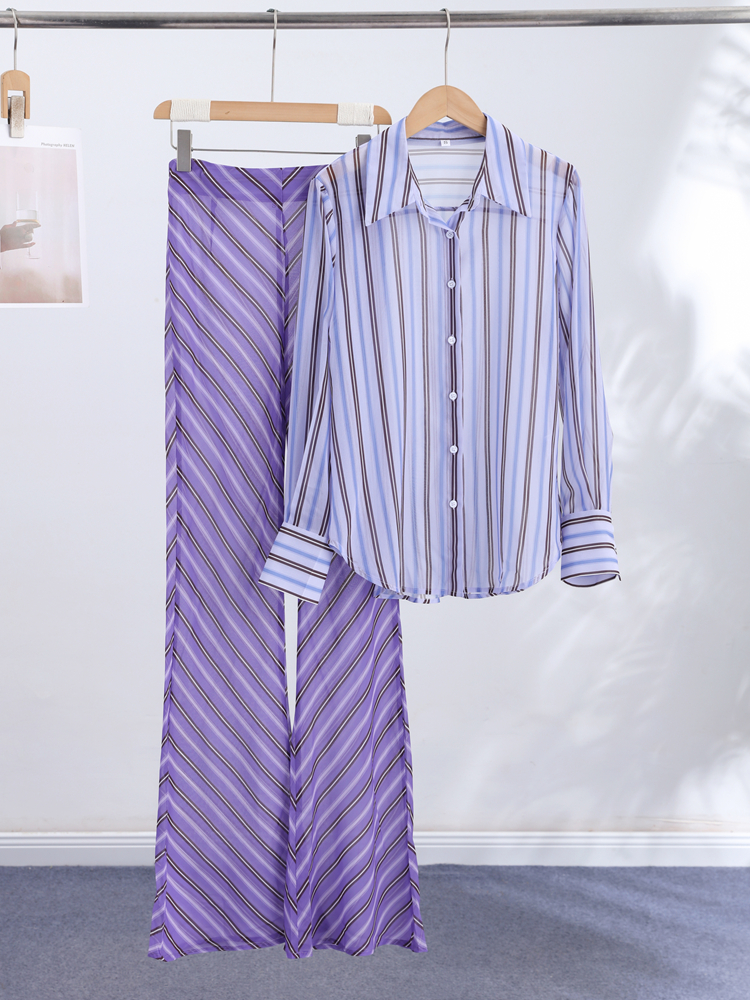 Ensemble en mousseline transparente rayée pour femme, chemise à manches longues boutonnée et pantalon large, mode polyvalente, collection été 2026, léger