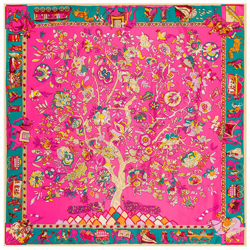 130*130 cm Foulard en soie sergé de luxe Animal Elepha arbre de vie imprimé femmes châles étoles carré Bandana Foulard Hijab femme Foulard