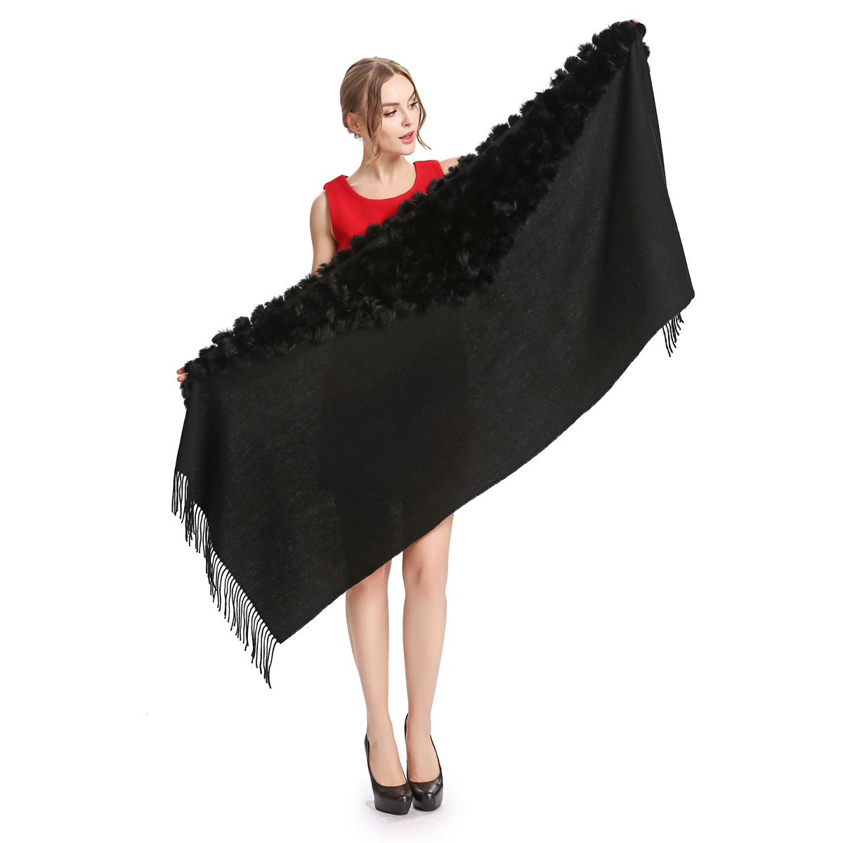 Écharpe Pashmina chaude pour femmes, châle en laine 2025 avec pompon en fourrure de lapin, pour l'automne et l'hiver, silencieux chauffe-cou à la mode