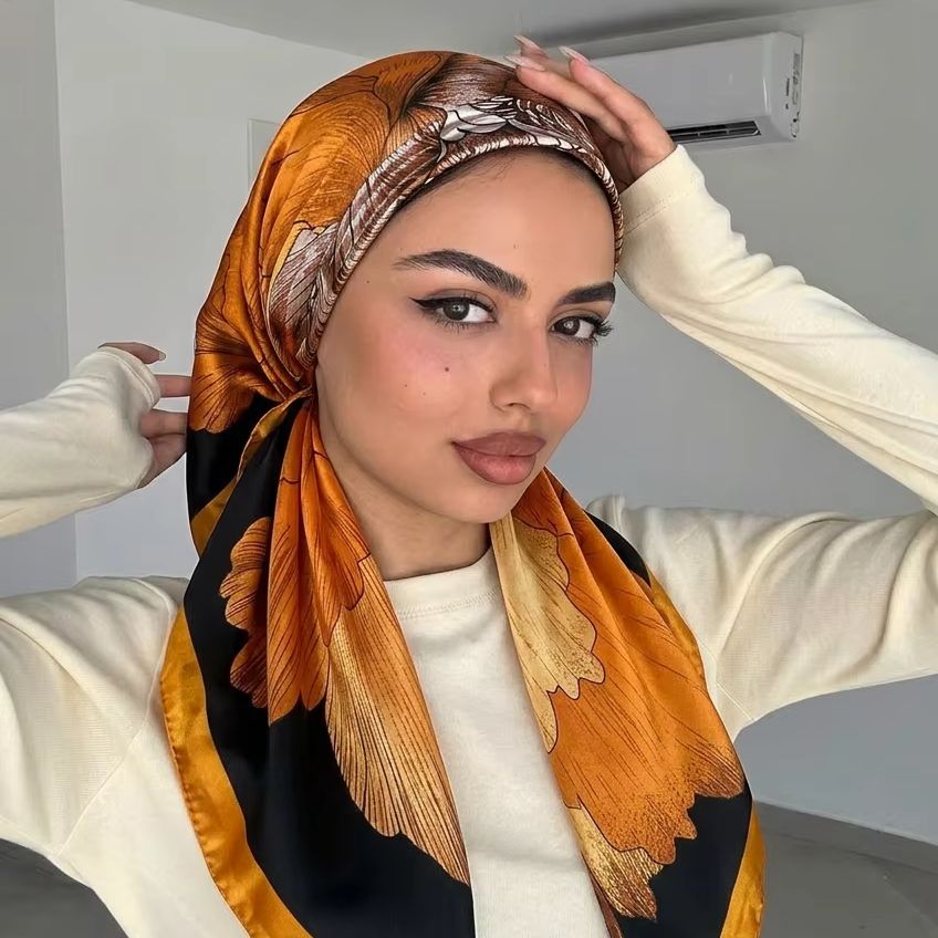Foulard hijab en soie satinée imprimée, foulard de mode élastique pour femmes, turban musulman, couvre-chefs de Ramadan, couvre-chefs pour le tourisme en plein air