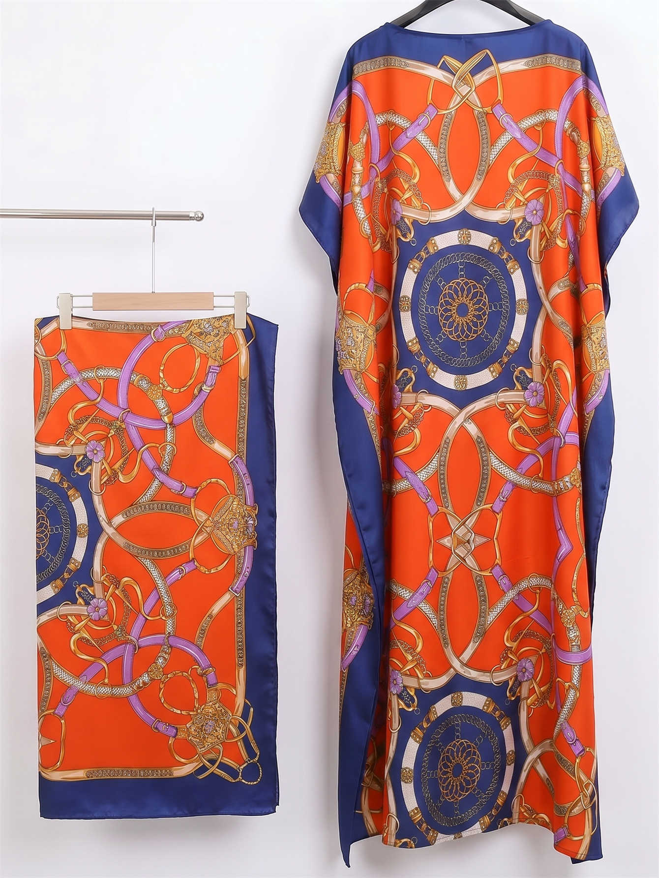 Kaftan Abaya musulman pour femmes avec hijab assorti, imprimé chaîne, robe maxi ample à manches chauve-souris, ensemble de robe longue pour femmes malaisiennes