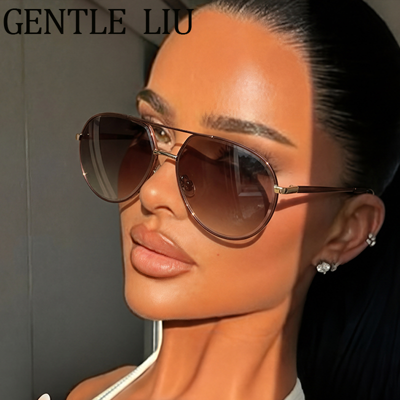 Lunettes de soleil ovales vintage pour femme 2026 – Lunettes de soleil de luxe de créateur, style pilote, double pont, surdimensionnées, pour la conduite, monture tendance