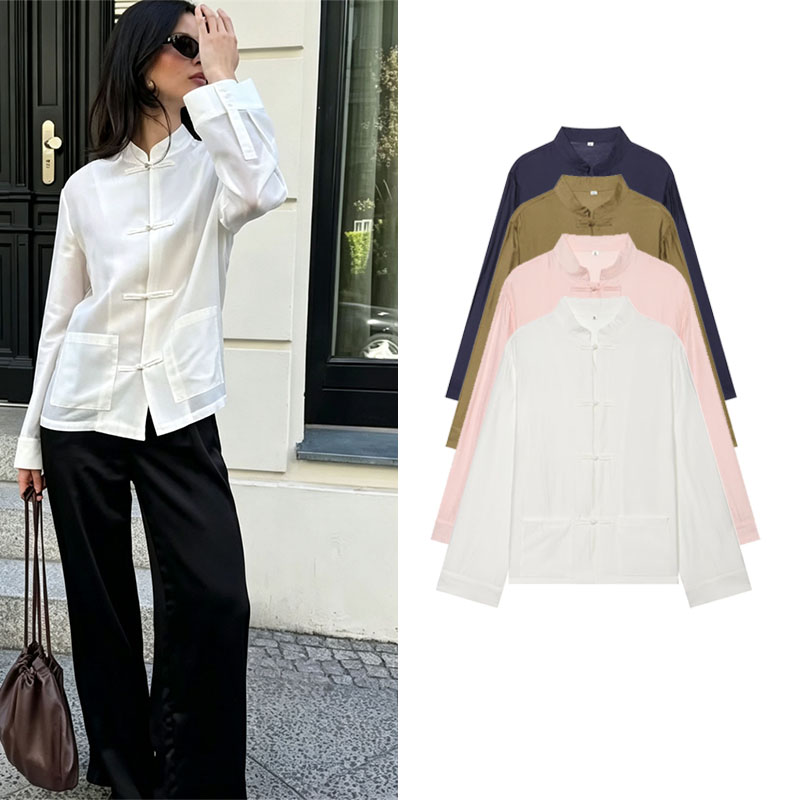 Chemise en satin pour femme 2026, col montant avec boutons grenouillère, manches longues, chemise décontractée avec poches