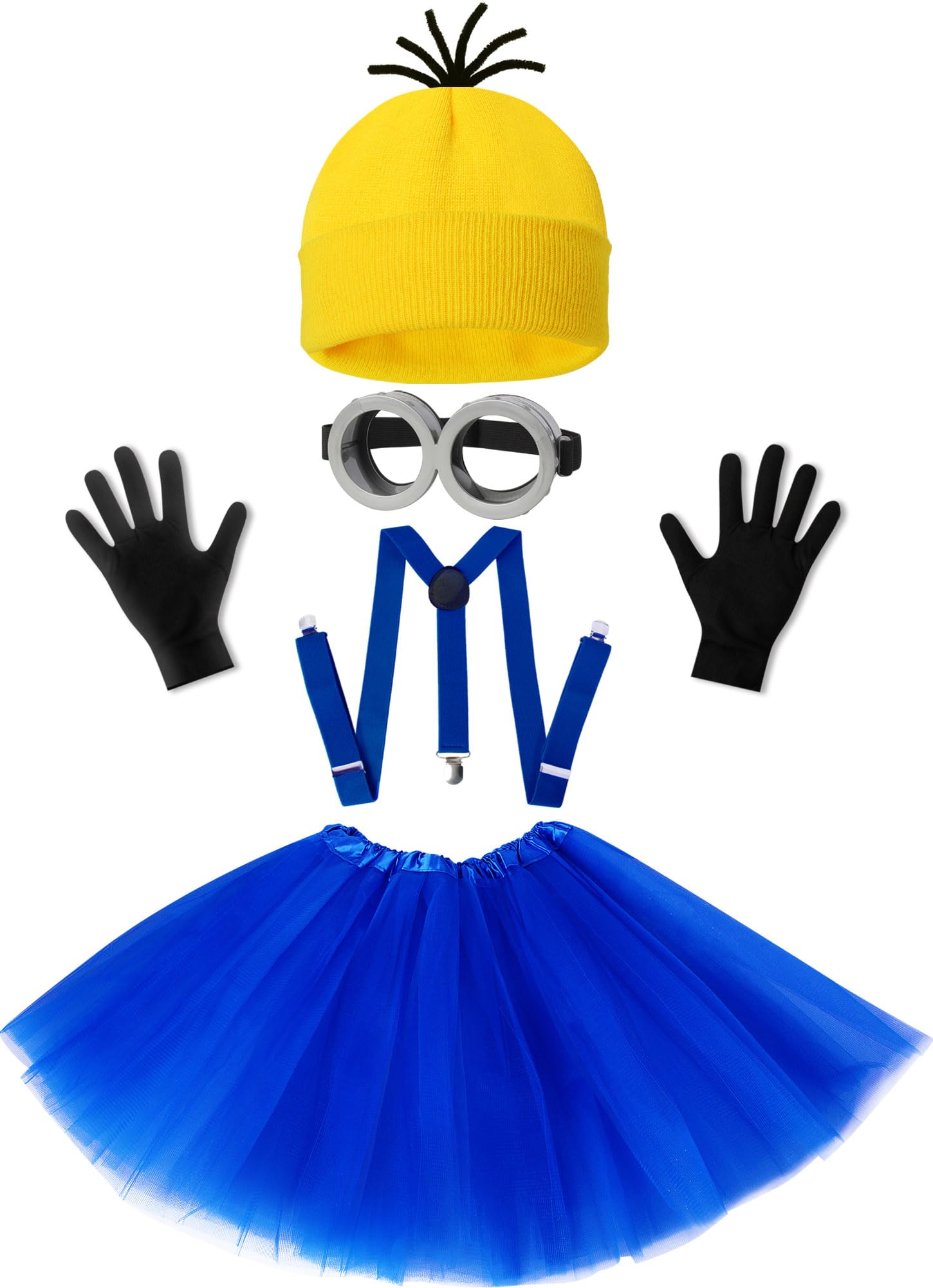 Costume d'Halloween pour femmes adultes, lunettes/bonnet jaune/robe bleue/pingentes/gants, accessoires de Costume d'Halloween