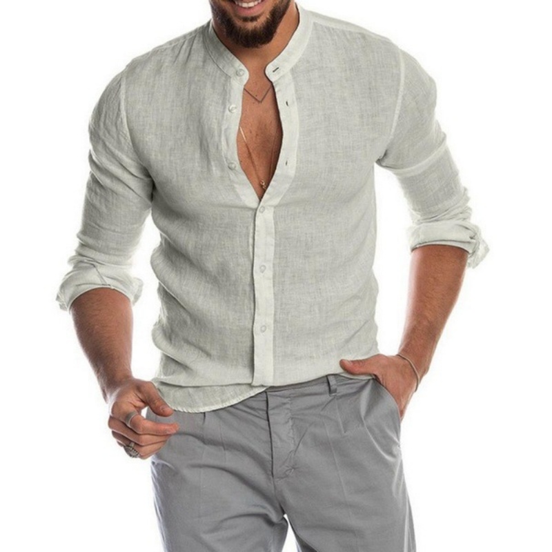Chemise à manches longues en lin bleu clair pour hommes - Chemises décontractées boutonnées à col montant pour l'été et le printemps