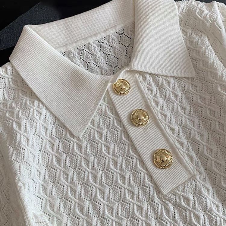 Polo chic en soie glacée haut de gamme pour femme, tricot jacquard unique, manches courtes, coupe ample, blanc, pour l'été
