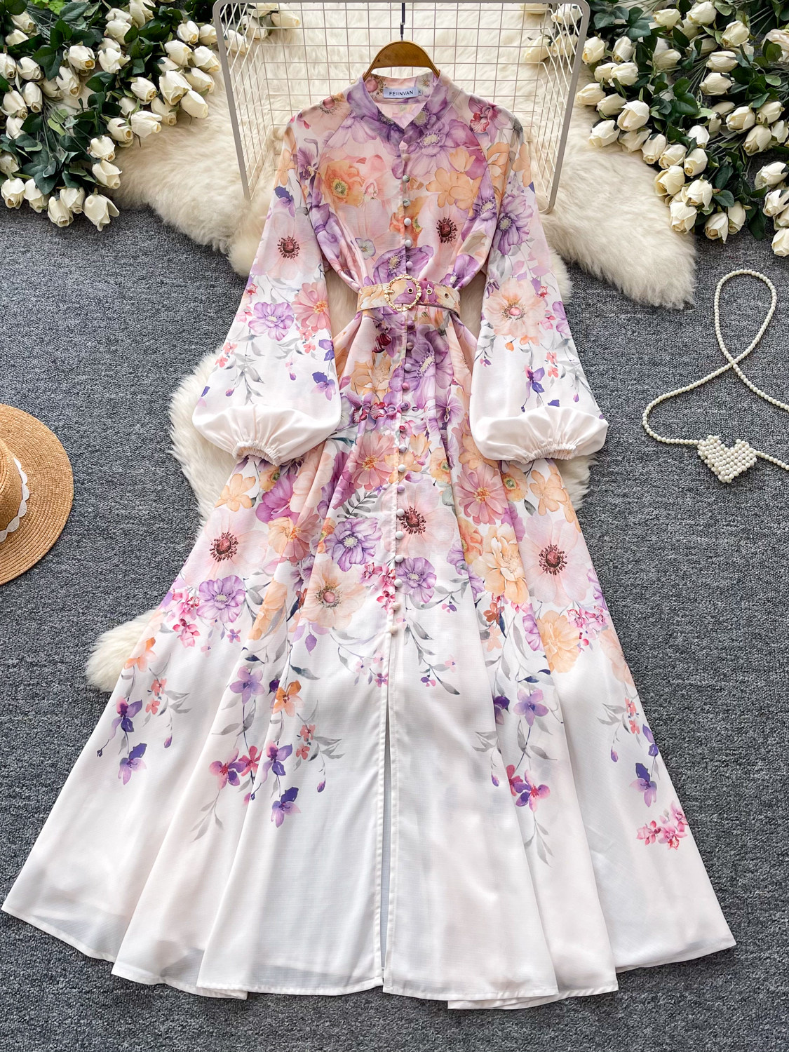 Robe de soirée longue élégante vintage française pour femme, col montant, manches lanternes, imprimé, simple boutonnage, design de robe de fête