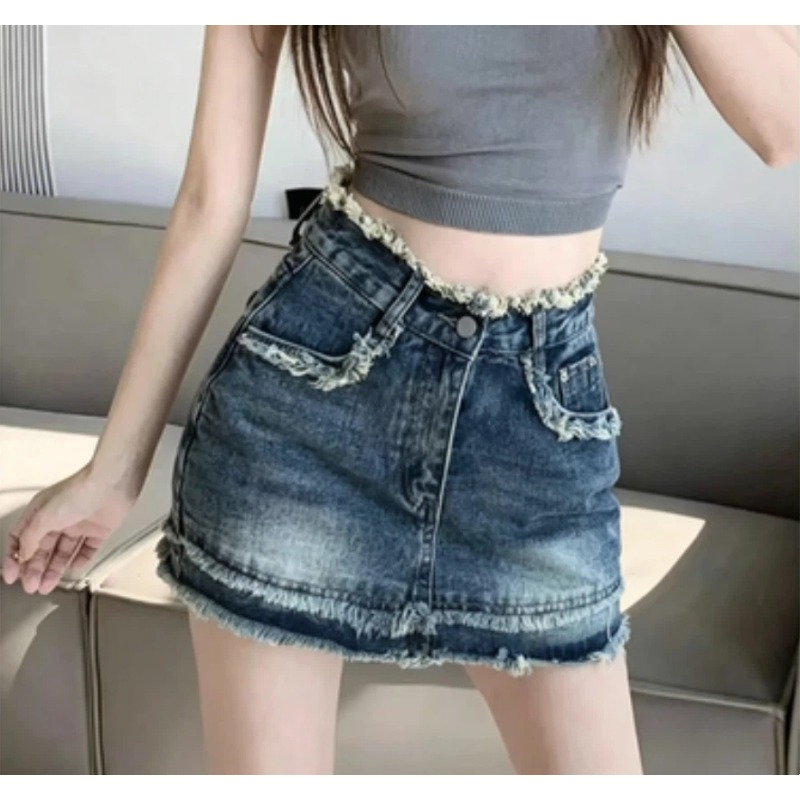 Jupe courte en jean vintage taille haute à ourlet effiloché pour femme, style streetwear été tendance