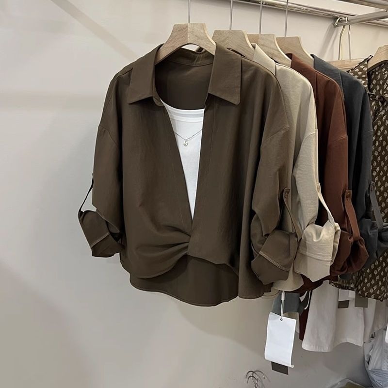 Mode simplicité élégant tendance printemps été pull hauts à manches longues col polo faux deux chemises à manches longues pour les femmes