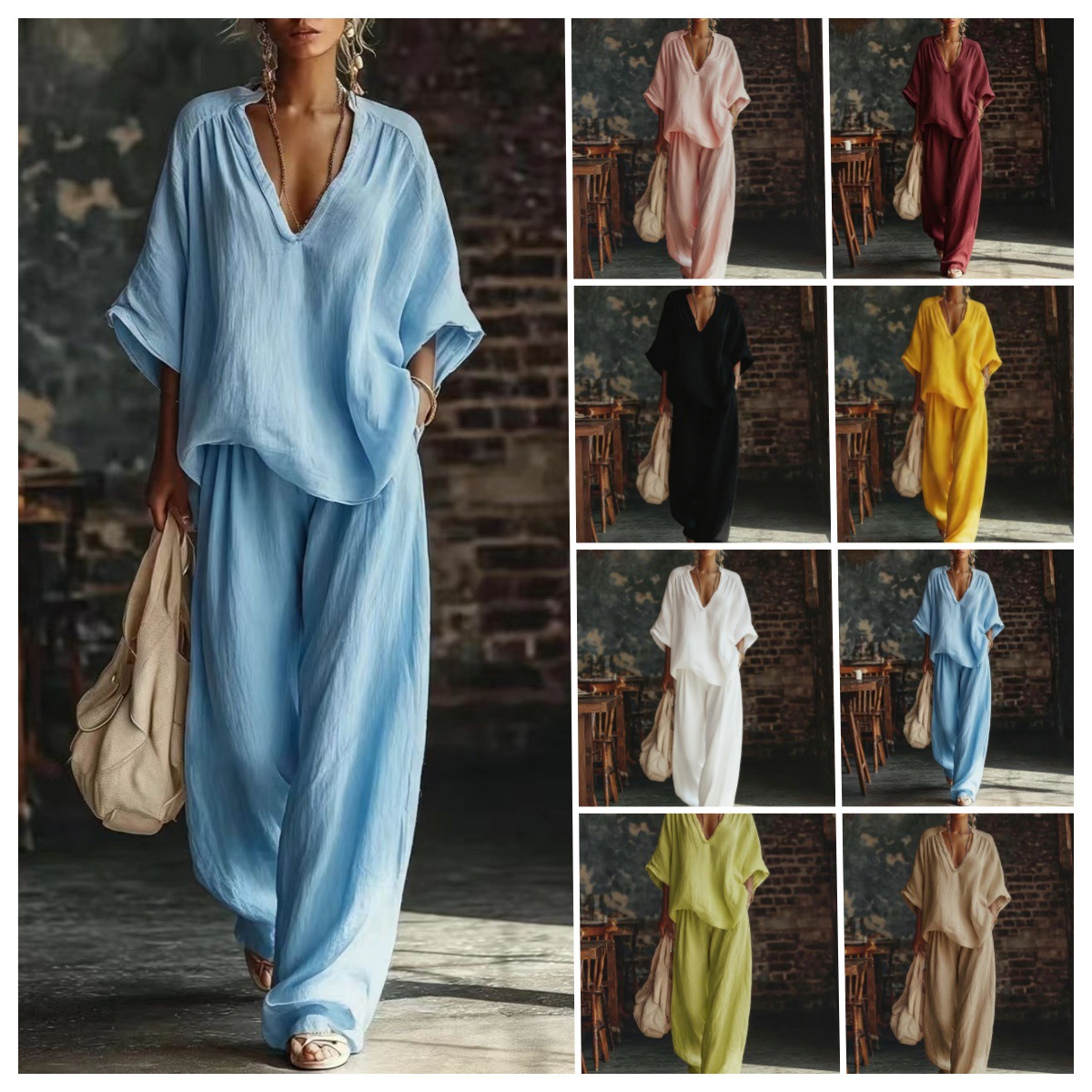 Ensemble de vêtements pour femmes, haut à manches courtes à col en V, pantalon large, style décontracté, pour le printemps et l'été, ensemble de 2 pièces pour les vacances