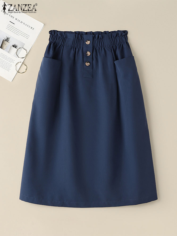 ZANZEA-Jupe trapèze longueur genou pour femme, élégante, couleur unie, décontractée, élastique, taille haute, 03/2024