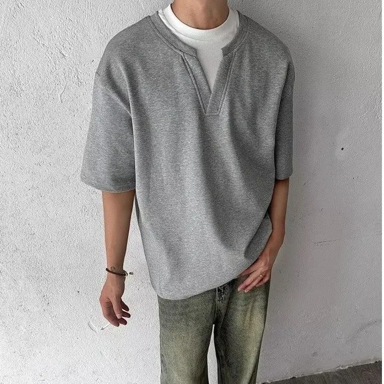 T-shirt pour homme style coréen, faux deux pièces, col en V, tissu épais, coupe ample, décontracté, manches courtes