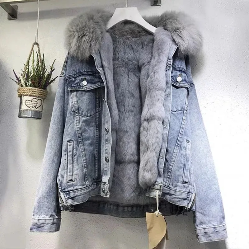 Manteau d'hiver chaud pour femme, style veste en jean, avec grand col en fourrure, doudoune épaisse en polaire, veste de moto basique pour le froid