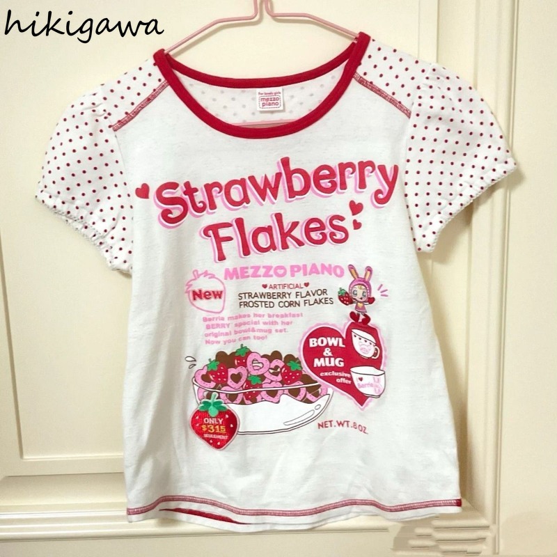 Vêtements pour femmes t-shirts japonais doux à pois à manches courtes col rond t-shirts 2025 Ropa Mujer Chic fraise été mignon t-shirt