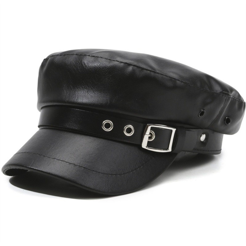 Béret rétro à dessus plat en cuir PU, visière de marin réglable, chapeau de peintre noir de Style Punk