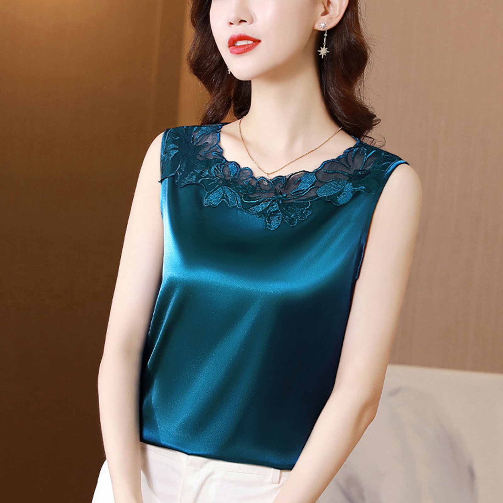 Débardeur d'été en Satin de soie pour femmes, Style coréen, chemisier sans manches en dentelle, élégant, Chic, solide, gilet OL, vêtements pour femmes