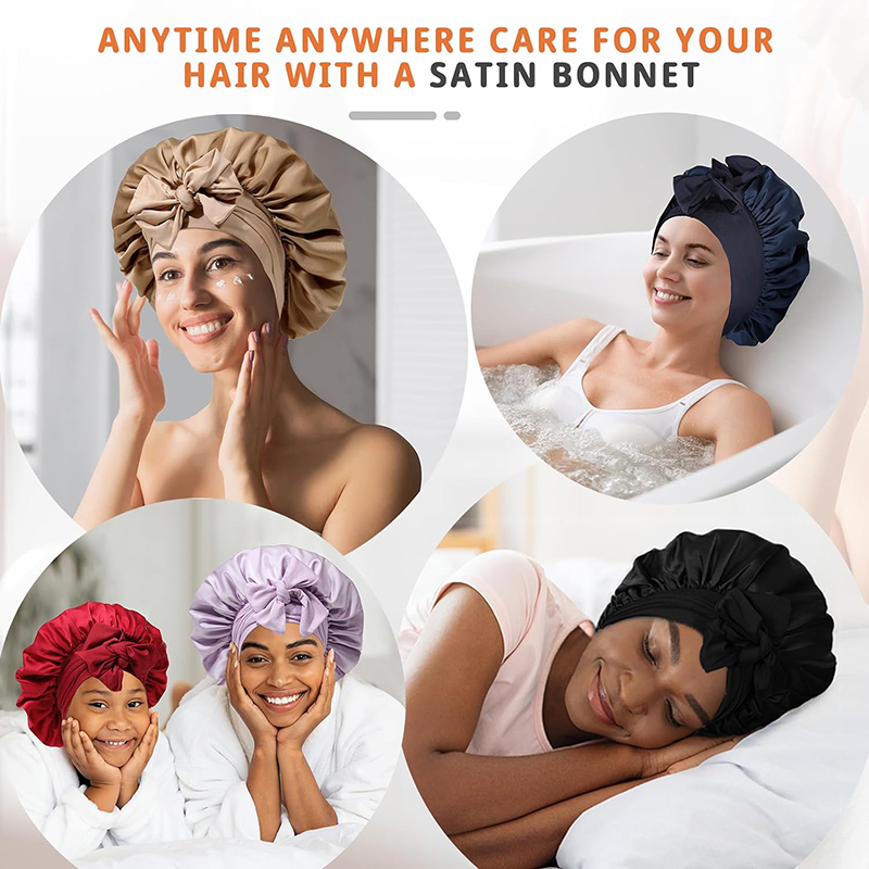 Bonnet de nuit en satin pour femmes, confortable, respirant, doux, pour cheveux bouclés, avec large bord élastique