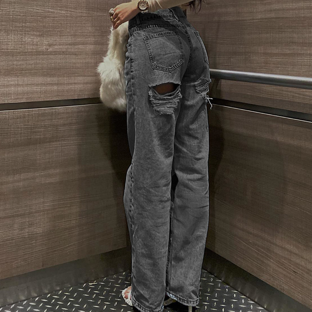 Jean tendance taille haute pour femme, jean slim à jambes droites, couleur unie, finition vieillie, pantalon à fermeture éclair boutonnée