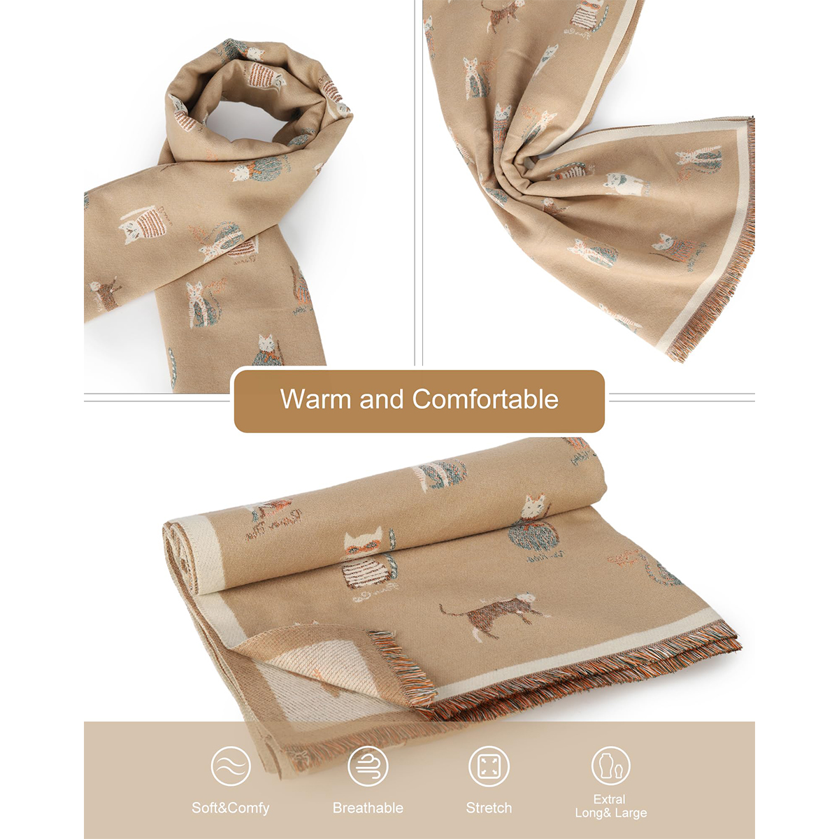 Écharpe chat mignon pour femme pour robe de soirée de mariage sensation de cachemire élégant hiver épais chaud châle longues écharpes classique cadeau de vacances