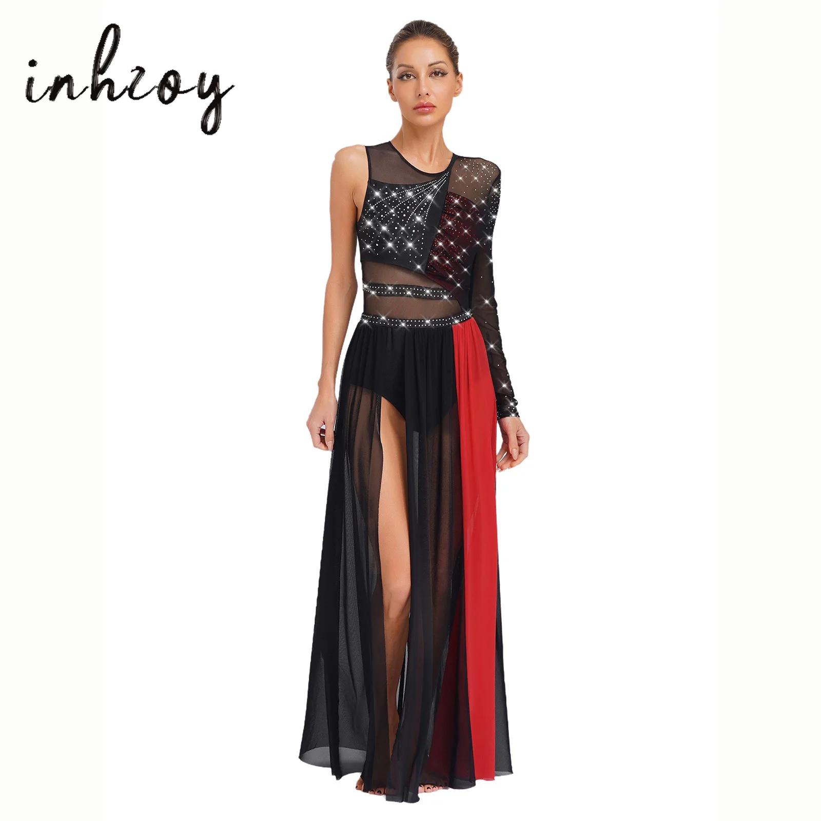 Robe de danse lyrique pour femmes, strass brillants, fente latérale, maille transparente, bloc de couleur, Patchwork, justaucorps, robe de Ballet moderne