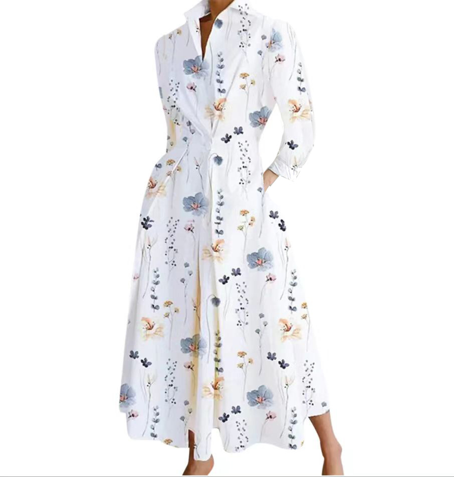 Robe grande taille pour femmes, été, élégante, revers, peinture à l'huile, boutons, chemise, décontractée, manches 3/4, robe de soirée
