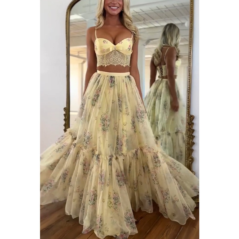 Ensemble 2 pièces bohème pour femme : Robe longue en mousseline florale, haut corset sexy en dentelle et jupe en tulle étagée fluide pour bal de promo, mariage ou soirée