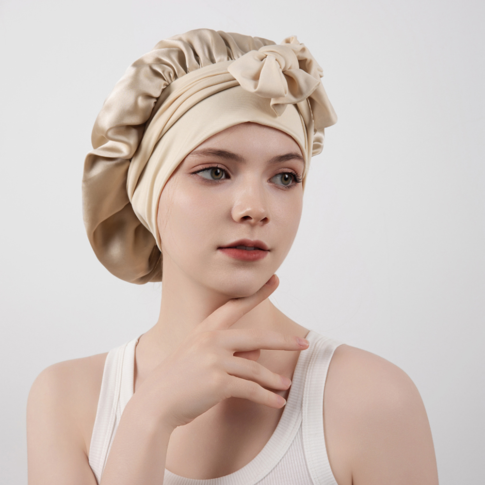 Bonnet de couchage Double couche en soie de mûrier pour femmes, grand bonnet de nuit avec large bande élastique à nouer, 100%