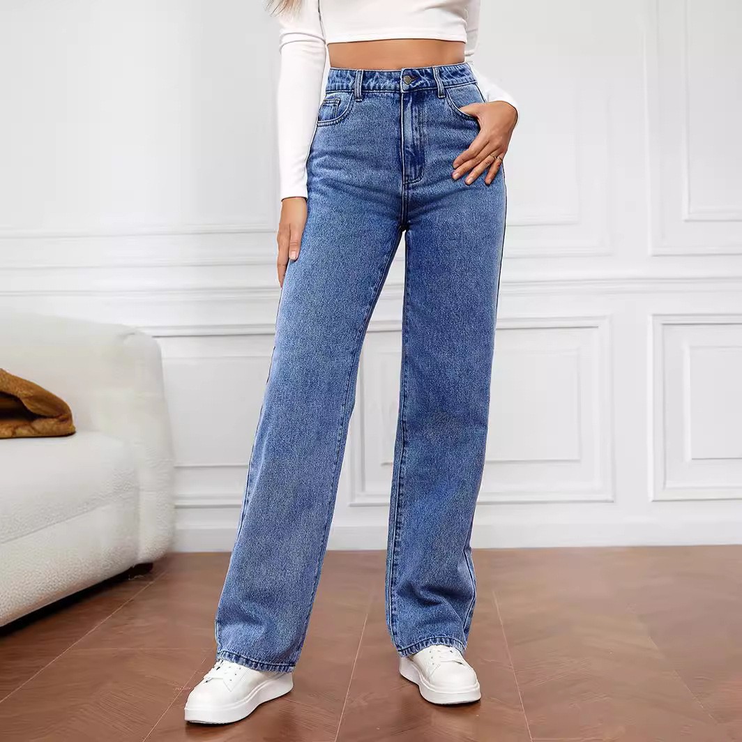 Jeans tendance pour femme - Pantalon long droit taille haute, coupe ajustée, couleur unie, confortable pour l'été