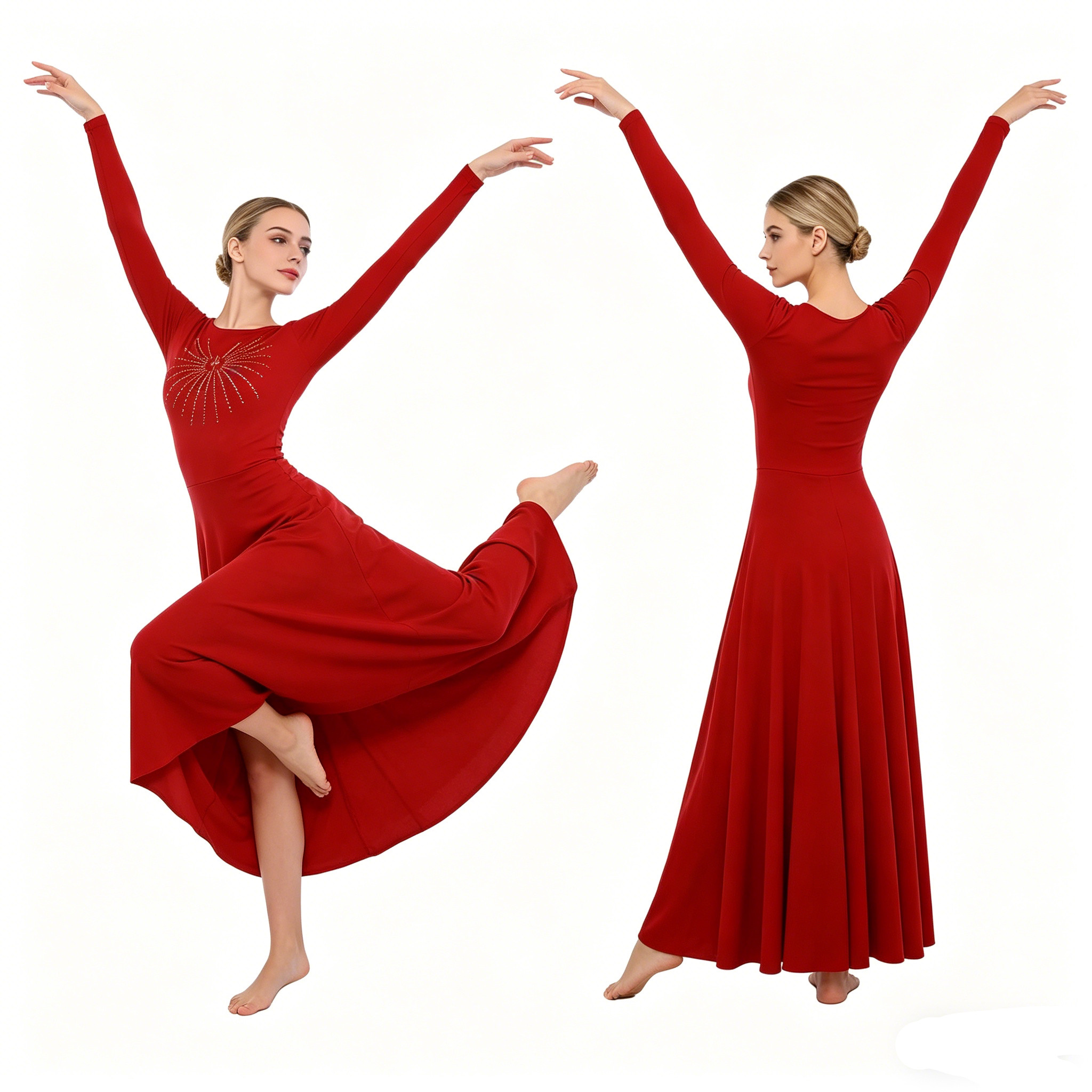 Robe de danse liturgique pour femmes, robe de chœur d'église, robe de louange, robe longue à manches longues avec strass brillants, vêtements de danse