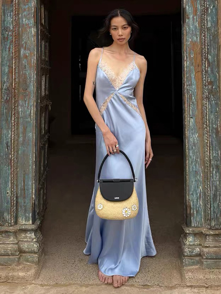 Kliou Soyeux Tache Élégante Sling Robe Femme Dentelle Patchwork Col Bas Dos Nu Sans Manches Minuit Prom Party Taille Haute Robes